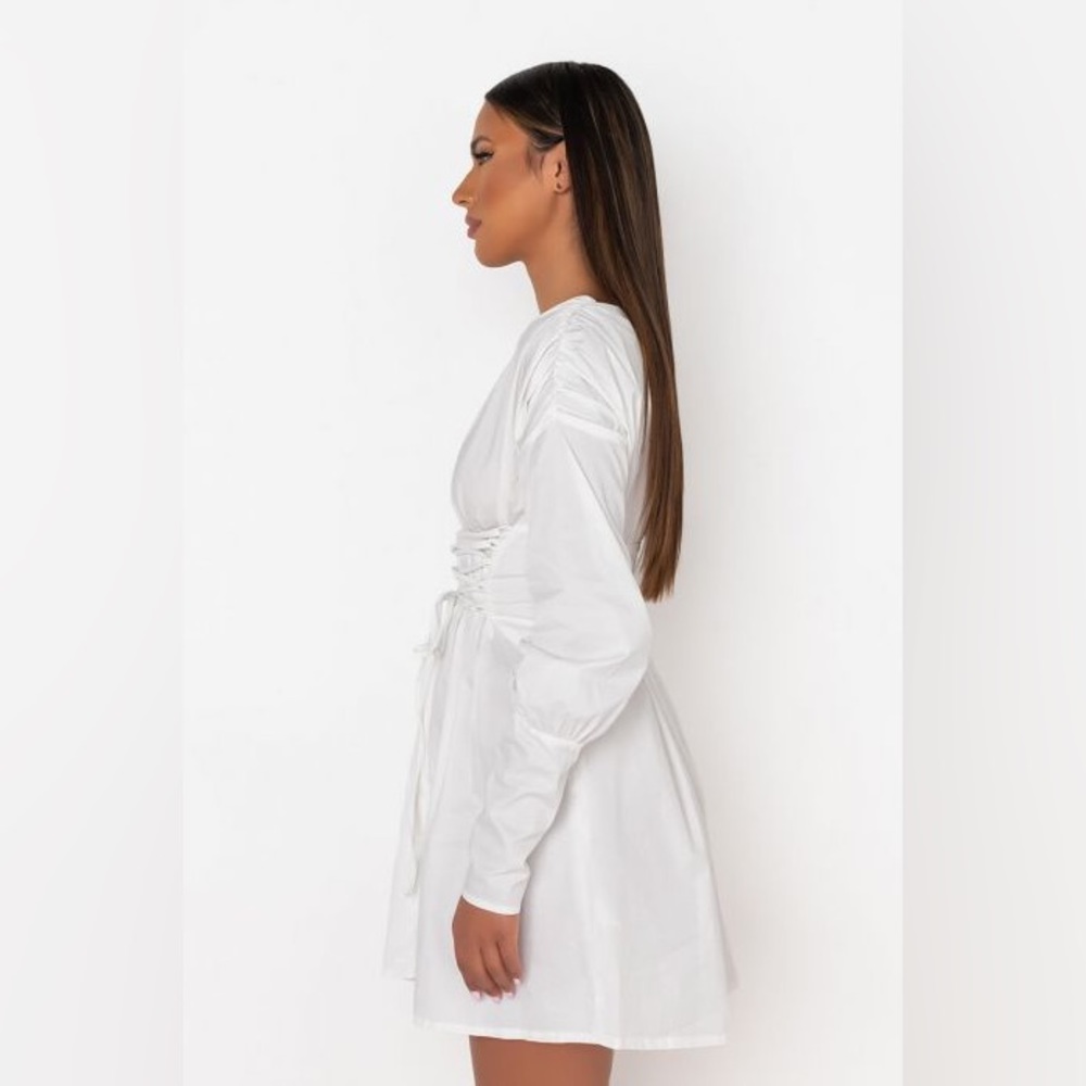 Akira stick with me mini dress, white mini shirt dress with lace up waist design - Picture 6 of 10